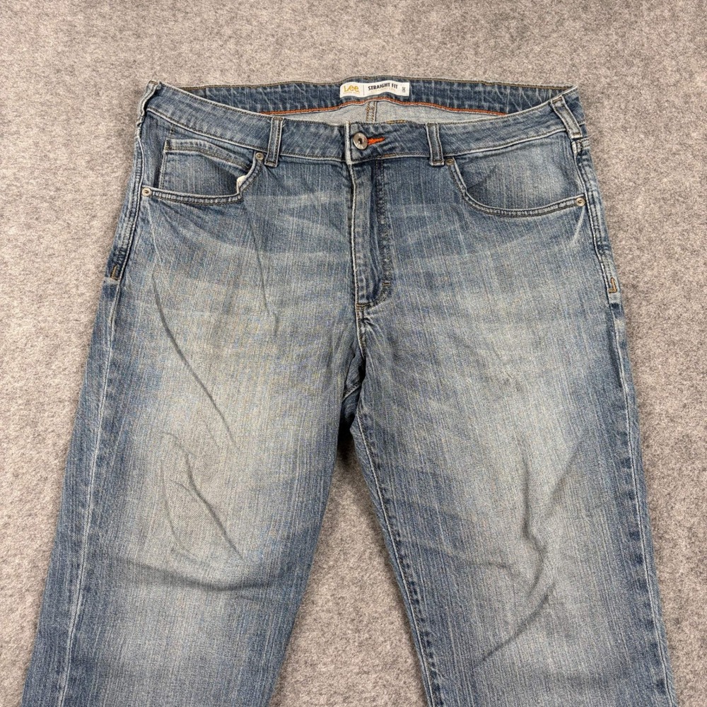 Lee Jeans Straight Leg Mens 42x34 Modern Series Light Wash Blue Denim Distressed